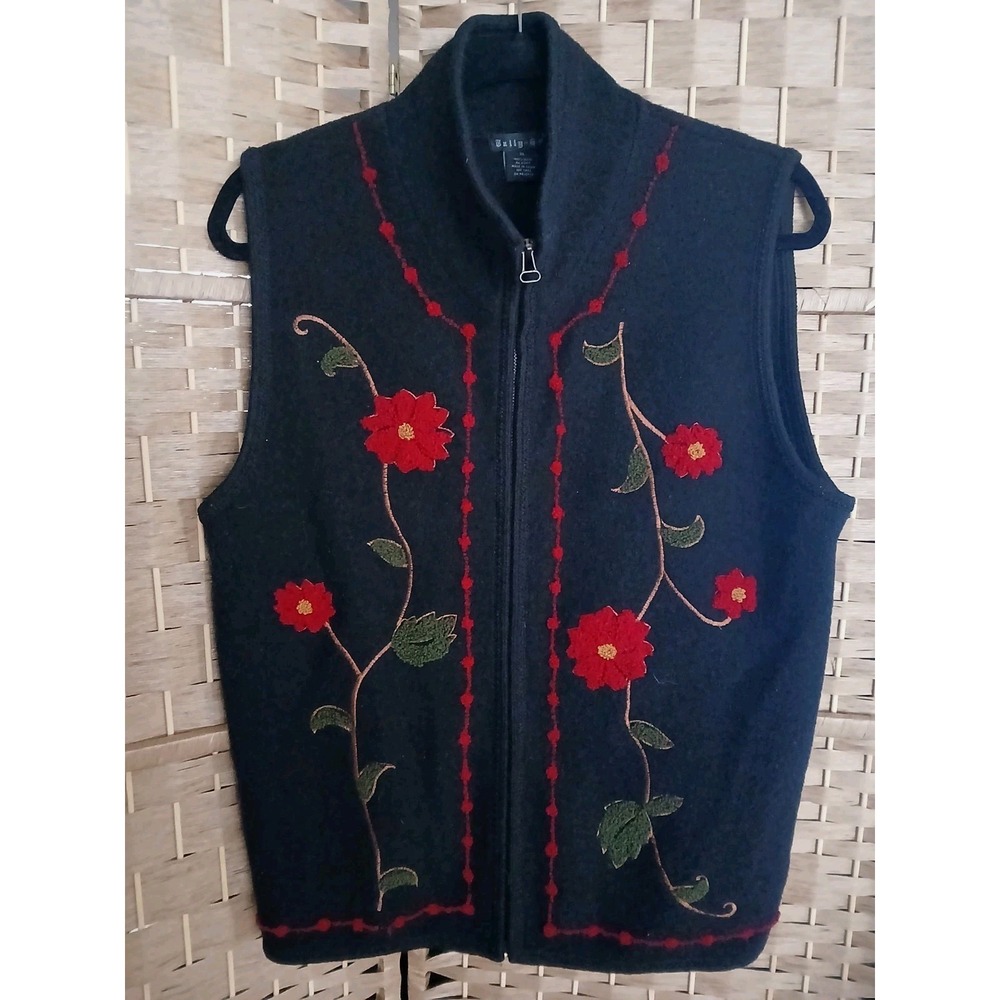 Vintage Tally Ho Women's Black Wool Floral Embroidered Zip-Up Vest Sz XL Granny